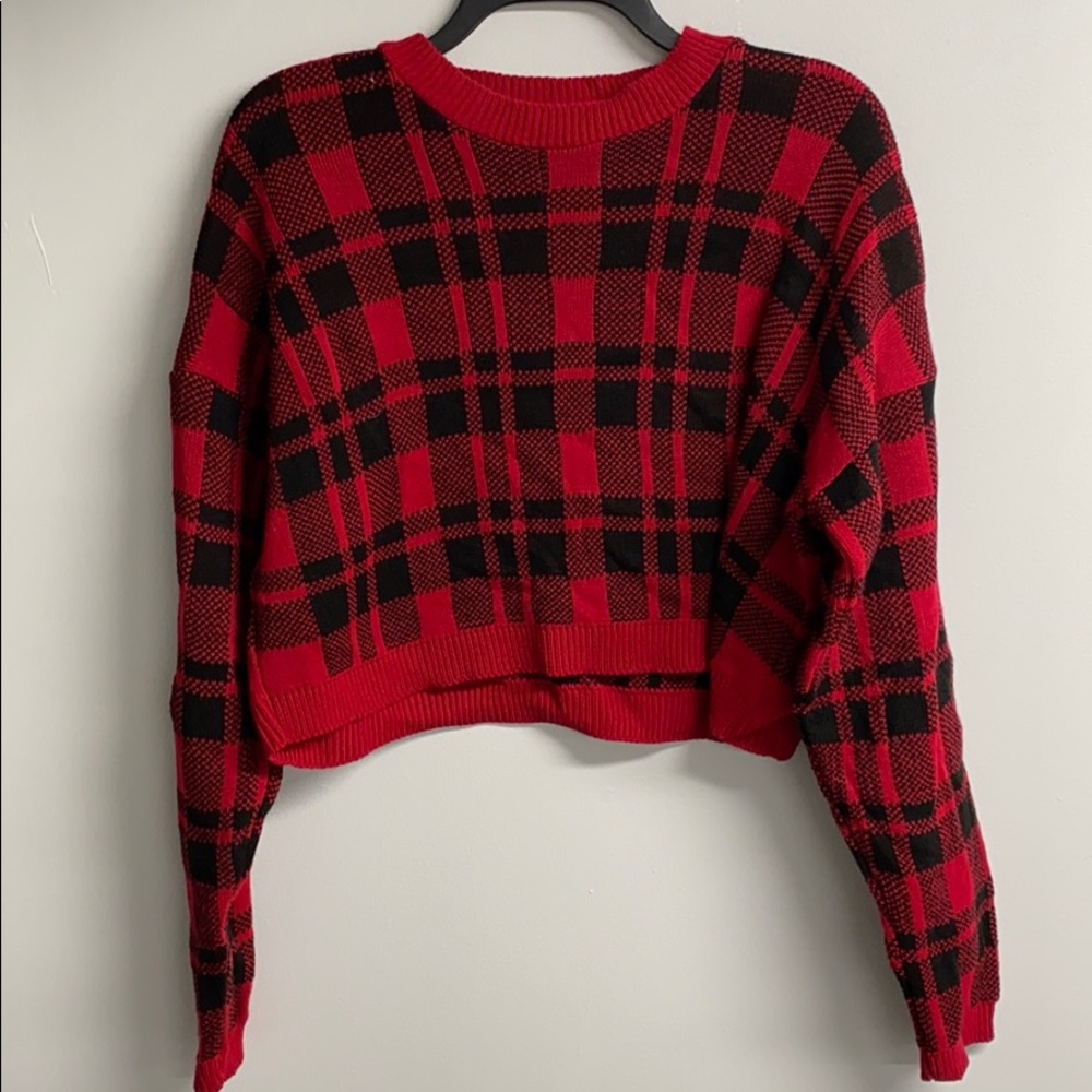 Red Flannel Print Crop Sweater